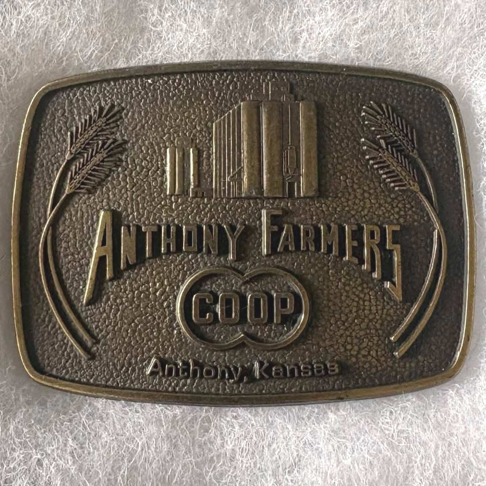 Vintage Anthony Farmers COOP Belt Buckle Kansas Agriculture Brass Tone